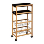 Cărucior de bucătărie din bambus, 2 coșuri și tăvi detașabile