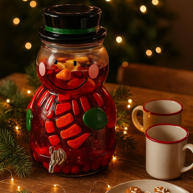 Dispenser de băuturi din sticlă de 6,5 L cu un model pictat manual de om de zăpadă