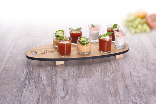 Set aperitive, 8 pahare cu tava din bambus