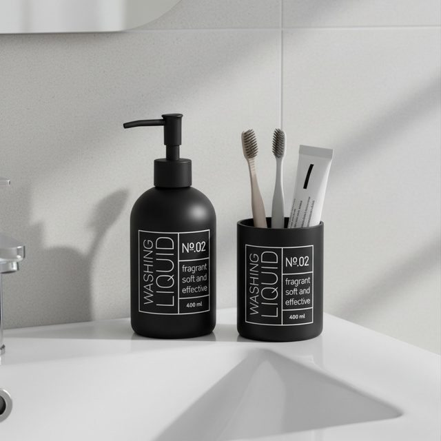 Dispenser de săpun din sticlă și suport pentru periuțe de dinți ONYX, negru