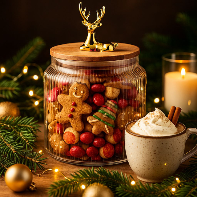 Recipient sticlă cu capac cu ren 1100 ml