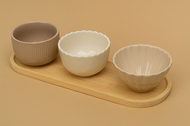 Boluri pentru gustări NOBI, 3 recipiente și un platou lung.