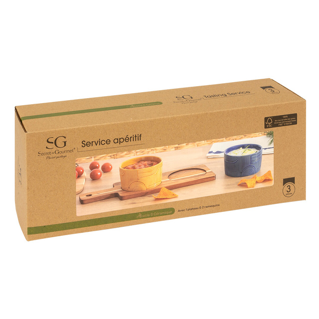 Boluri pentru dip SOLEYA, 2 vase și o placa de salcam