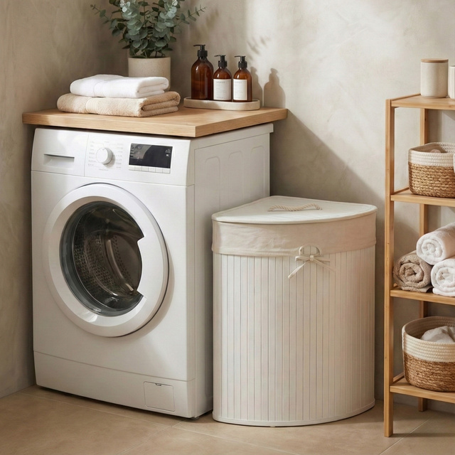 Coș de rufe colțar ARCO, bambus, 60 l, alb