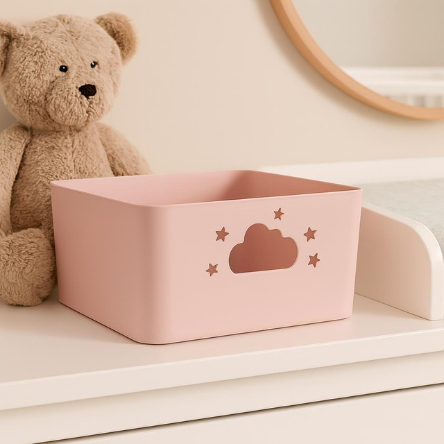 Coș de depozitare NEBULA cu mânere în formă de norișor și stea, înălțime 11 cm, roz