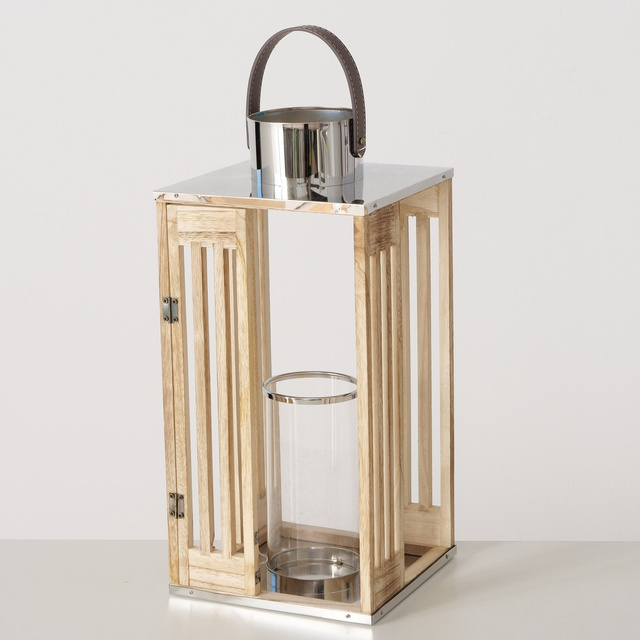 Set 2 felinare din lemn Octavia, cu maner din piele