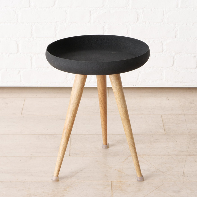 Set 3 masute de cafea loft cu blat negru si picioare din lemn de mango Masdour