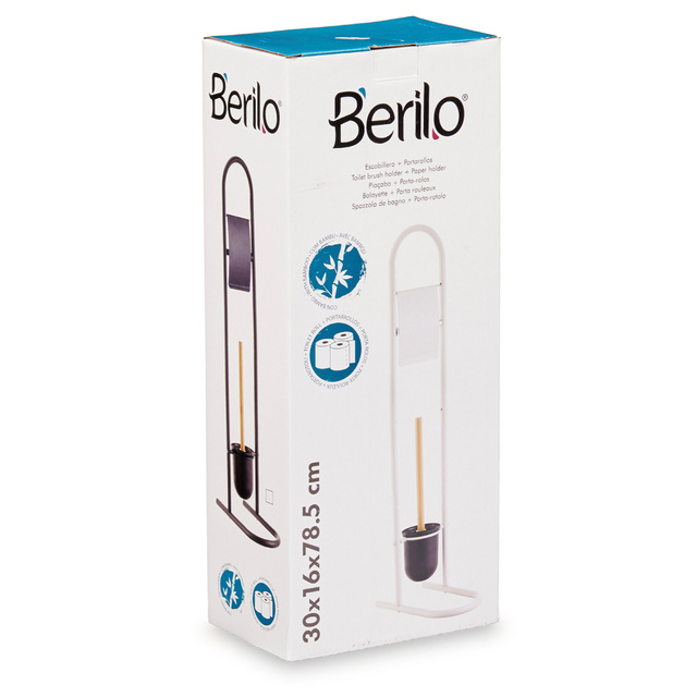 Suport metalic pentru hârtie igienică și perie WC FRESHY cu elemente din bambus