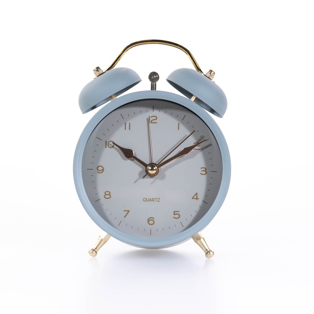 Ceas de masa cu alarma cu limbii aurii, albastru deschis, 10 x 5,5 x 13,5 cm