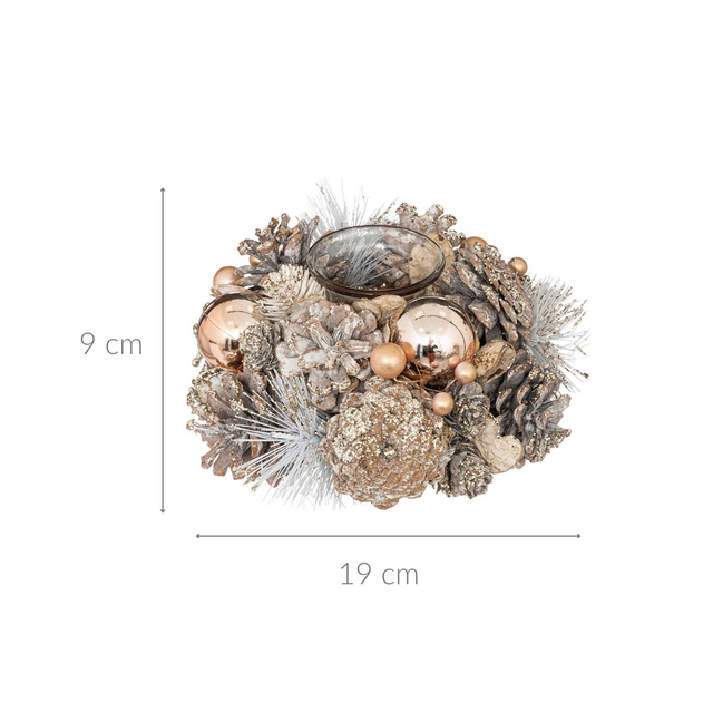 Sfesnic cu conuri de pin si globuri, auriu