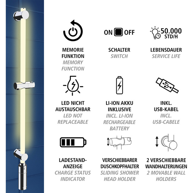 Șină de duș cu LED, 94 cm., RGB, WENKO