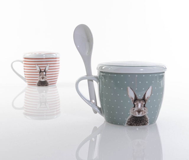 Cana cu capac si lingurita Fluffy, din portelan, iepuras, 600 ml