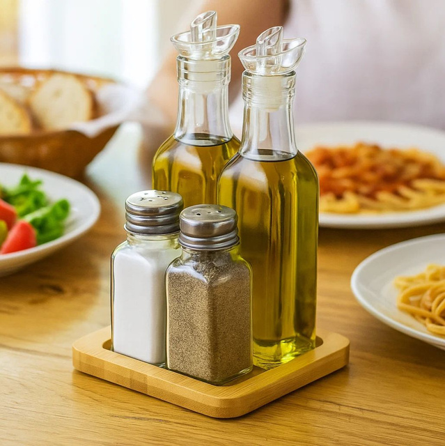 Set de condimente și ulei cu suport din lemn, 4 elemente