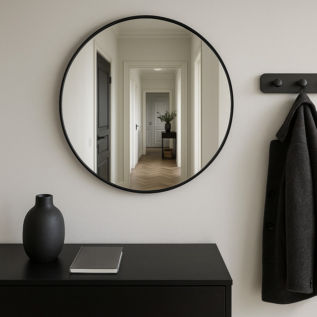 Oglindă rotundă NOOR, ramă metalică, culoare neagră, Ø 80 cm