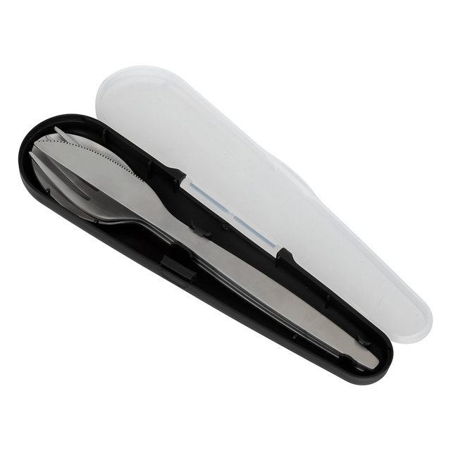 Set tacamuri turistice in husa: furculita, lingura, cutit din otel inoxidabil