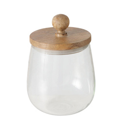 Borcan din  sticla Varuf cu  capac din lemn  de mango, 12 cm