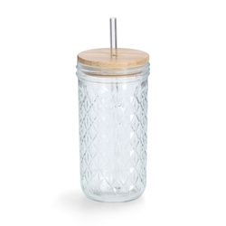 Pahar cu pai metalic si capac etans din bambus, 580 ml