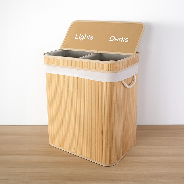 Coș de rufe din bambus, cu două compartimente, 100 l