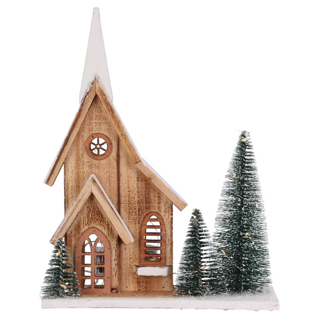 Figurină din lemn de brad cu LED Casă, 34 cm