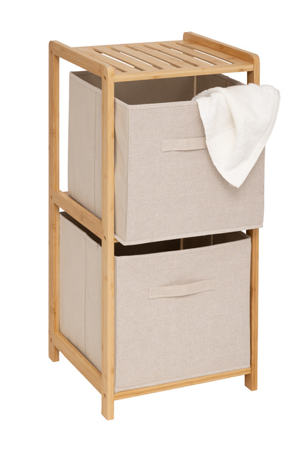 Raft din bambus TIDY cu două coșuri din material, 34,7 x 33 x 77,5 cm