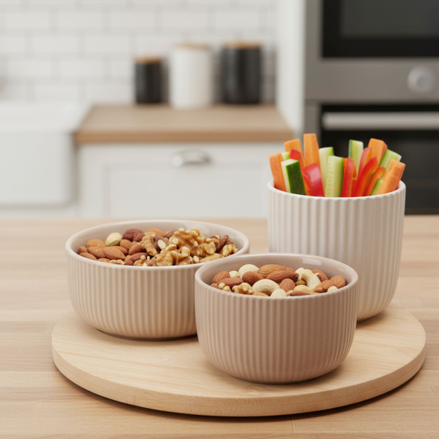 Set de boluri ceramice pentru gustări LINY pe un suport din bambus
