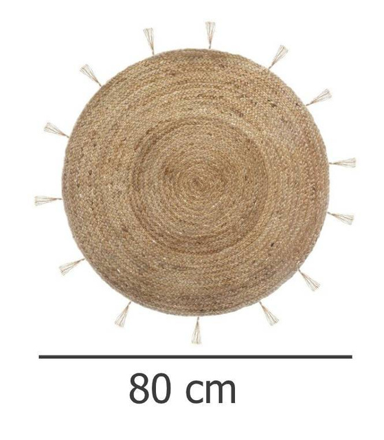 Covor decorativ din iută, Ø 80 cm, rotund cu franjuri