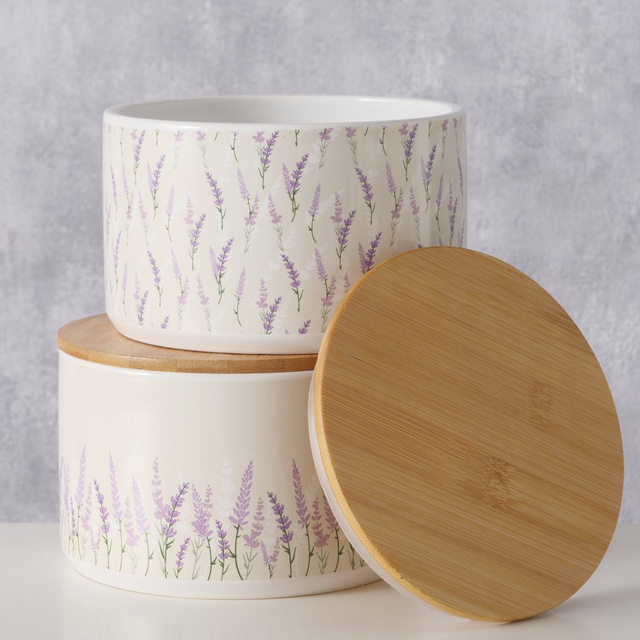 Recipient ceramic LAVANDER cu capac din bambus, Ø 16 cm