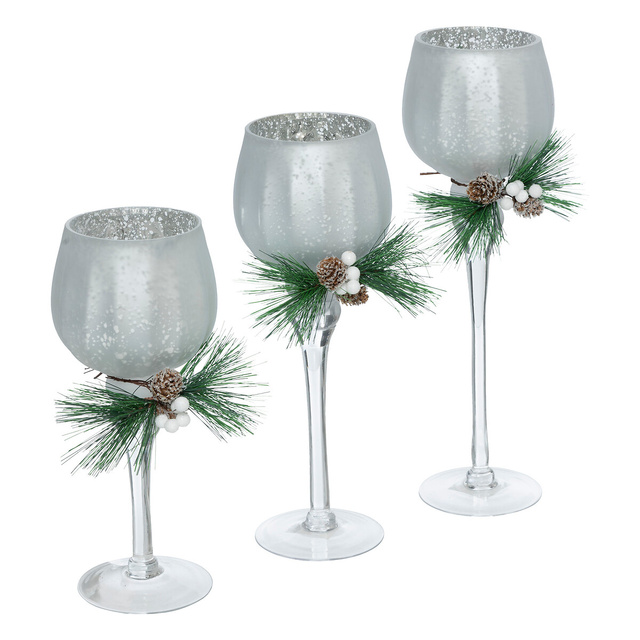 Suport pentru lumanari din sticla cu ramura de Craciun, 3 bucati