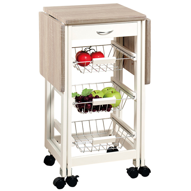 Cărucior de bucătărie cu blat extensibil, 3 rafturi, alb, KESPER