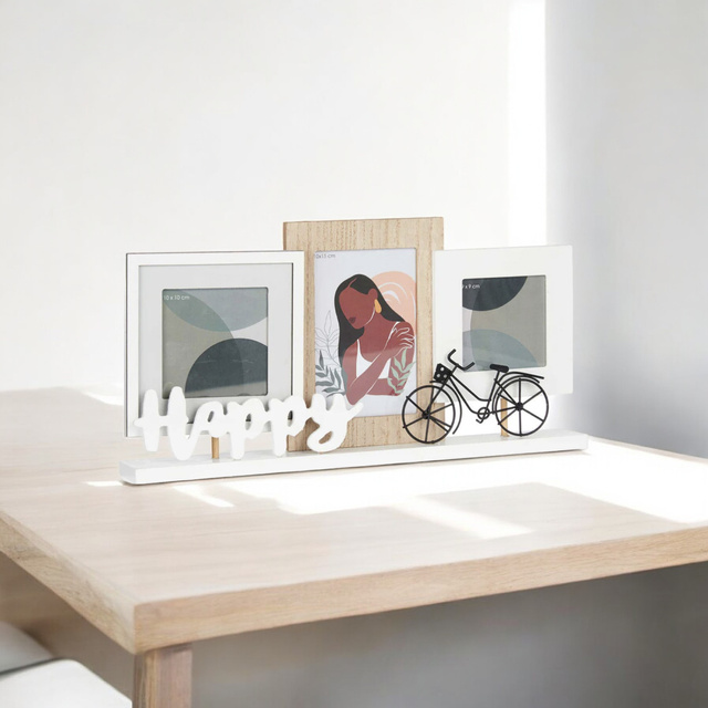 Cadru foto pentru 3 fotografii, cu inscriptie si bicicleta decorativa