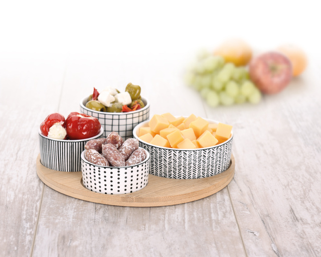 Set de servire pentru gustări, tavă rotundă și 4 boluri