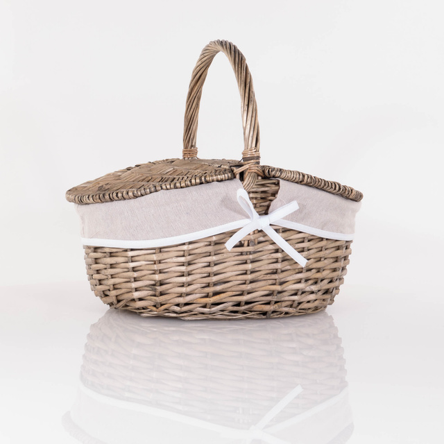 Cos de picnic din rachita cu capac si captuseala din material textil, 40 x 28 cm