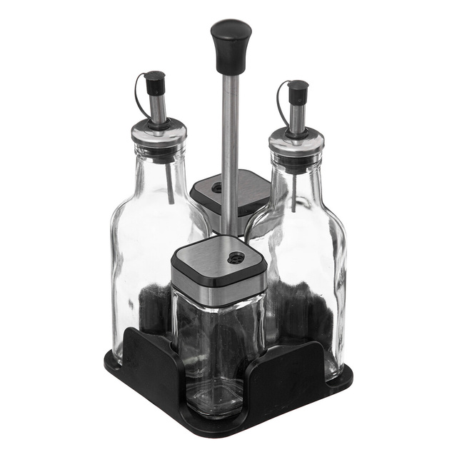 Set recipiente condimente pentru masa: sticle de ulei de masline si otet + piper si sare