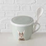 Cana cu capac si lingurita Fluffy, din portelan, iepuras, 600 ml