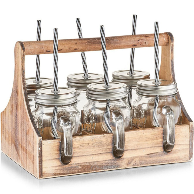 Cutie pentru borcane de băut + 6 x borcan cu pai, din lemn, ZELLER