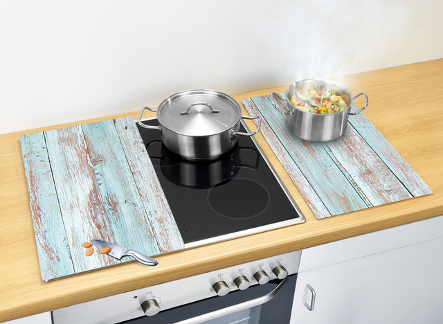 Set 2 placi protectoare pentru aragaz Blue Wood, Sticla, 52x30 cm, ALLSTAR