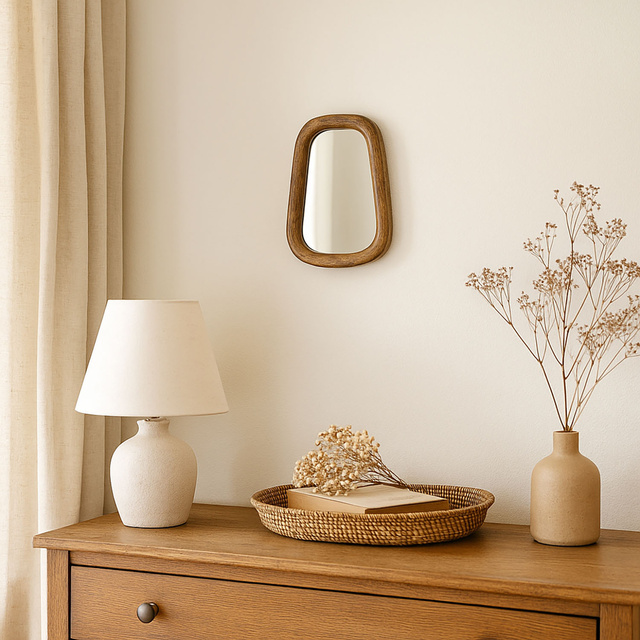 Oglindă ovală mică în ramă de lemn de mango