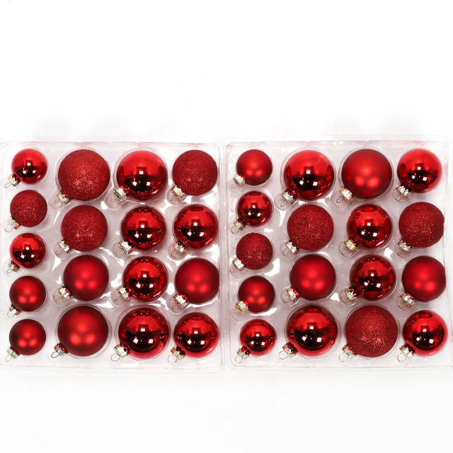 Globuri de sticlă pentru brad în diferite dimensiuni, roșii, 34 buc.