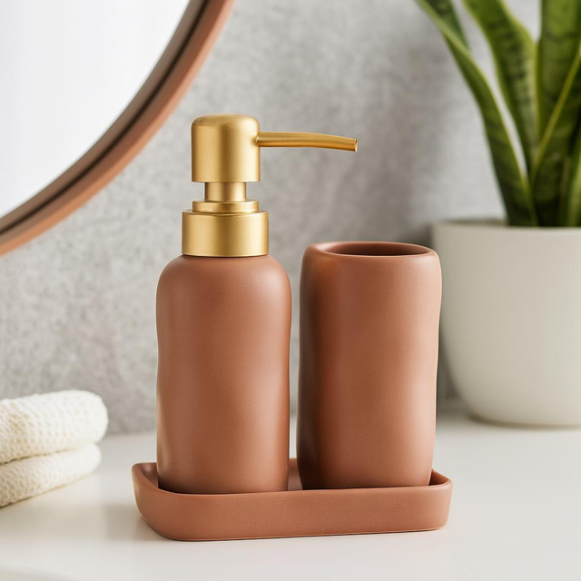 Set de baie EON, dozator ceramic cu pompă aurie, cană și tavă, piersică