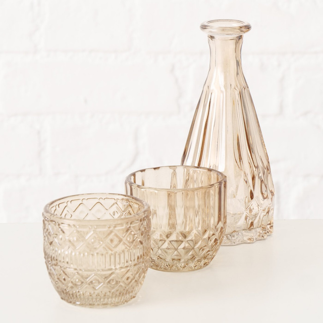Set de decor din sticlă CHERIN, sfeșnice și vază