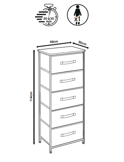 Raft textil cu 5 sertare TISS, 45 x 30 x 114 cm