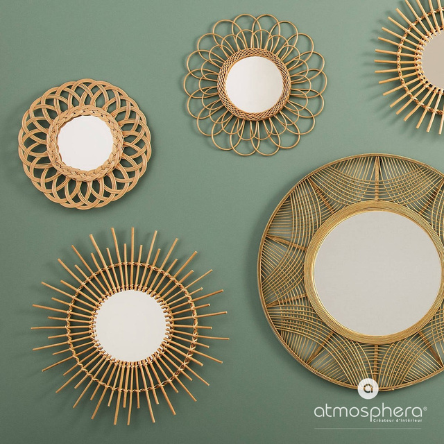 Oglinda de perete,rotunda, cadru din ratan, Ø 76 cm, Bej