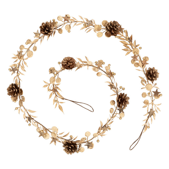 Ghirlanda aurie cu frunze si conuri de pin, 180 cm