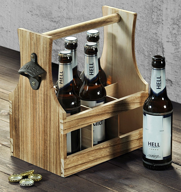 Cutie decorativa pentru sticle din lemn masiv, cu deschizator de bere, KESPER