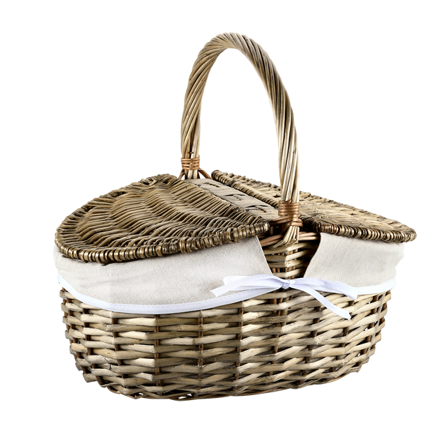 Cos de picnic din rachita cu capac si captuseala din material textil, 40 x 28 cm