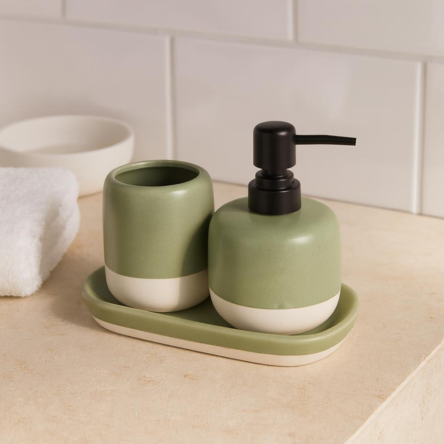 Dispenser pentru săpun și suport pentru periuțe de dinți pe bază ceramică THE PASTELS, verde