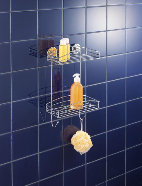 Raft baie pe doua niveluri WENKO, 2 cosuri pentru accesorii de baie, montaj Vacuum-Loc
