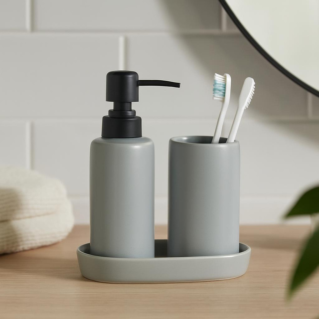 Set de baie PLY, dozator ceramic, cană și tavă, gri