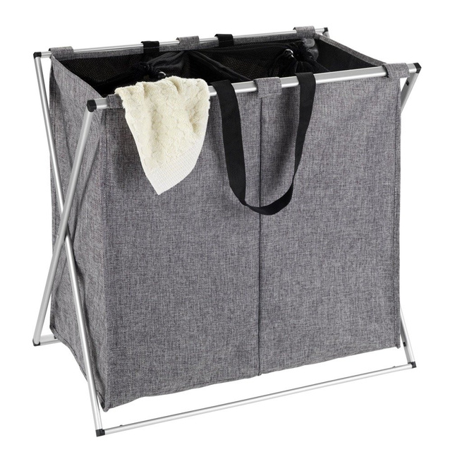 Coș de rufe din material textil DUO cu 2 compartimente, recipient pliabil cu cadru din aluminiu - 2 x 60 l, 57 x 59 x 38 cm, WENKO