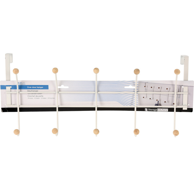 Cuier de usa alb, cu 10 carlige cu bile din lemn, 48 x 21 x 12 cm